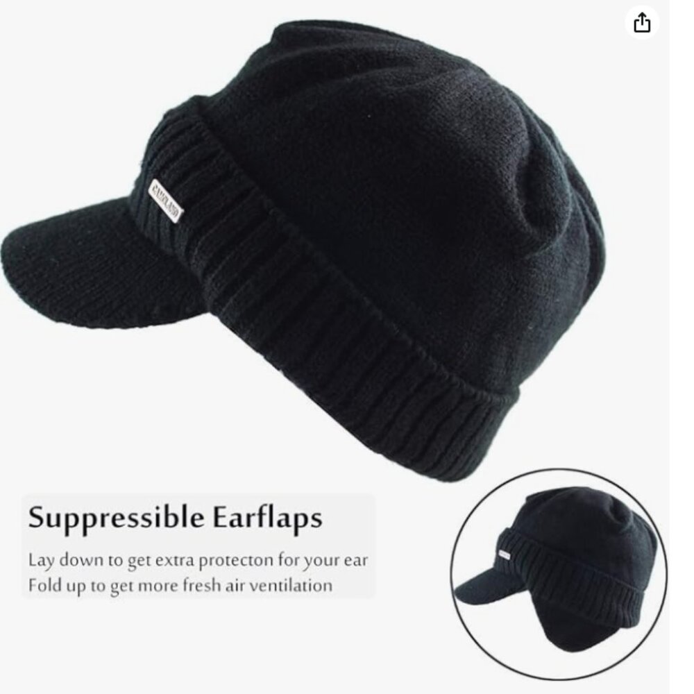 NWOT Camoland Black Men's Knitted Beanie Hat w/ Visor, Ear Flaps & Fleece Lining